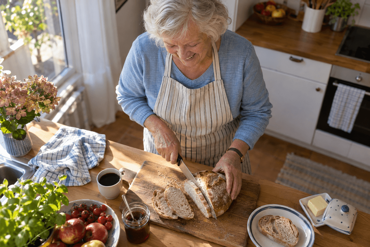Ältere Frau schneidet lächelnd in ihrer Küche Scheiben von einem Brotlaib
