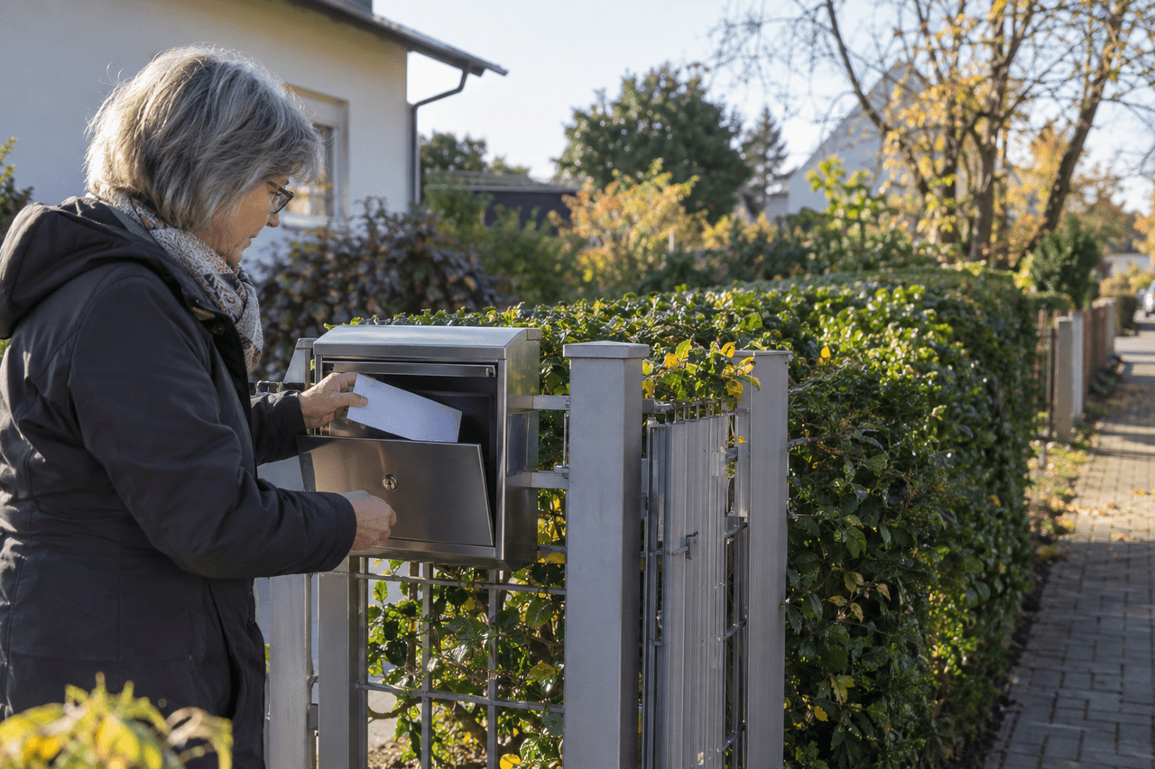 Ältere Frau holt an ihrem Gartentor einen Brief aus dem Briefkasten