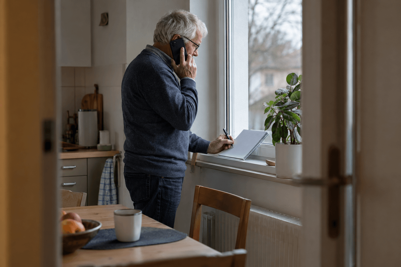 Älterer Mann telefoniert am Küchenfenster und macht sich Notizen auf einem Block