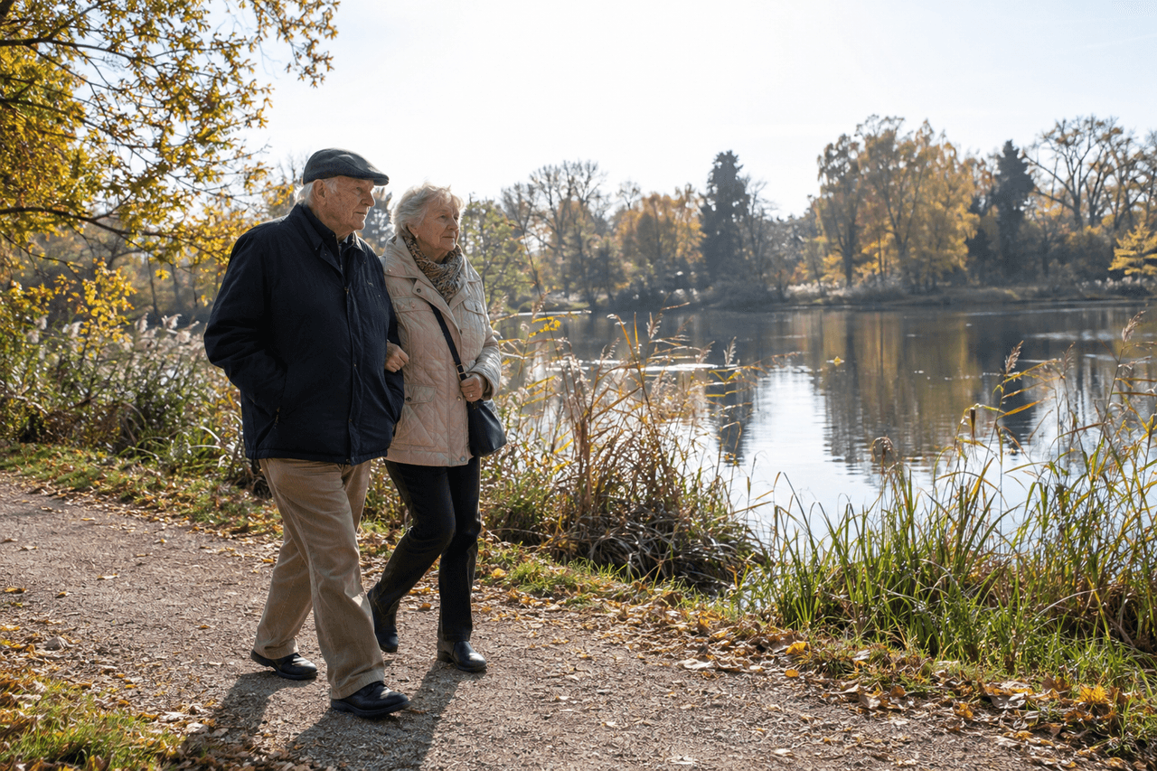 Älteres Ehepaar spaziert Arm in Arm an einem Seeufer im Herbst