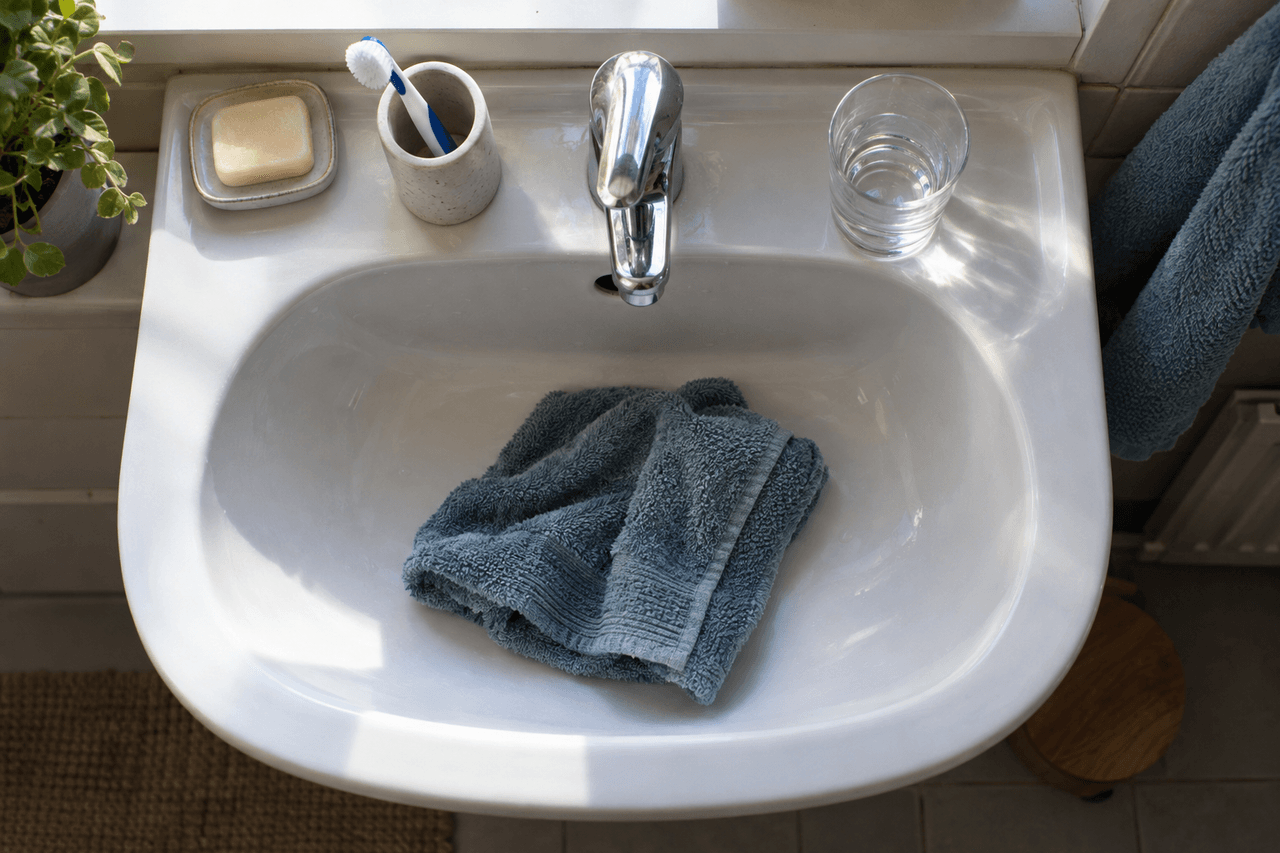 Waschbecken mit einem Handtuch im Becken, daneben Bürste, Seife und ein Wasserglas