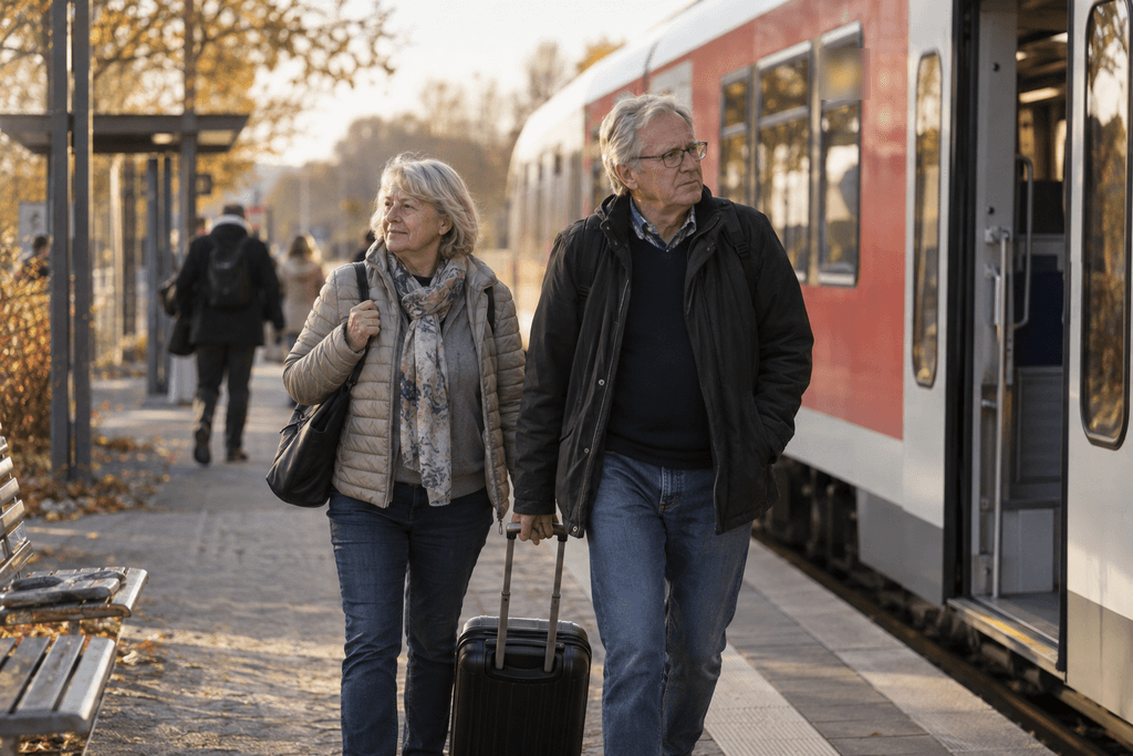 Älteres Paar mit Rollkoffer geht an einem Regionalzug über den Bahnsteig