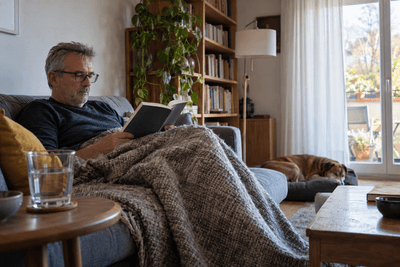 Mann ruht sich mit einer Wolldecke auf dem Sofa aus und liest ein Buch, im Hintergrund schläft ein Hund