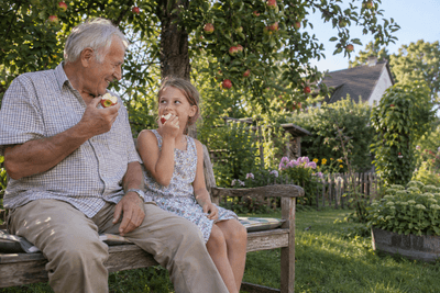 Großvater und Enkelin essen auf einer Gartenbank unter einem Apfelbaum Äpfel und lächeln sich an