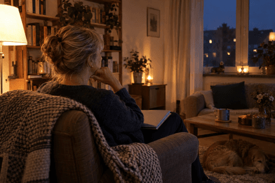 Frau sitzt abends im Sessel im Wohnzimmer, eine Mappe auf dem Schoß, und blickt nachdenklich zum Fenster