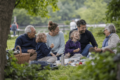 Drei Generationen einer Familie lachen gemeinsam beim Picknick im Park