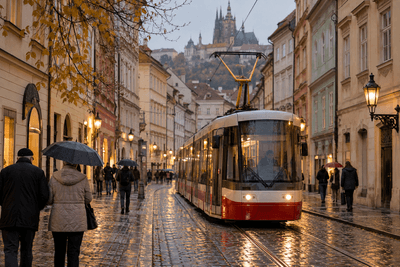 Straßenbahn fährt bei Nieselregen durch eine Altstadtgasse in Prag, im Hintergrund die Burg