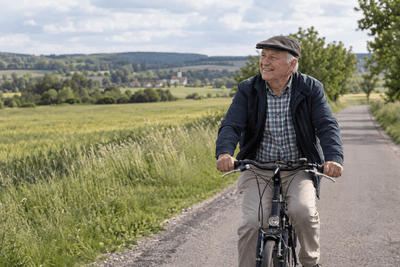 Älterer Mann mit Schiebermütze fährt lächelnd mit dem Fahrrad auf einem Feldweg